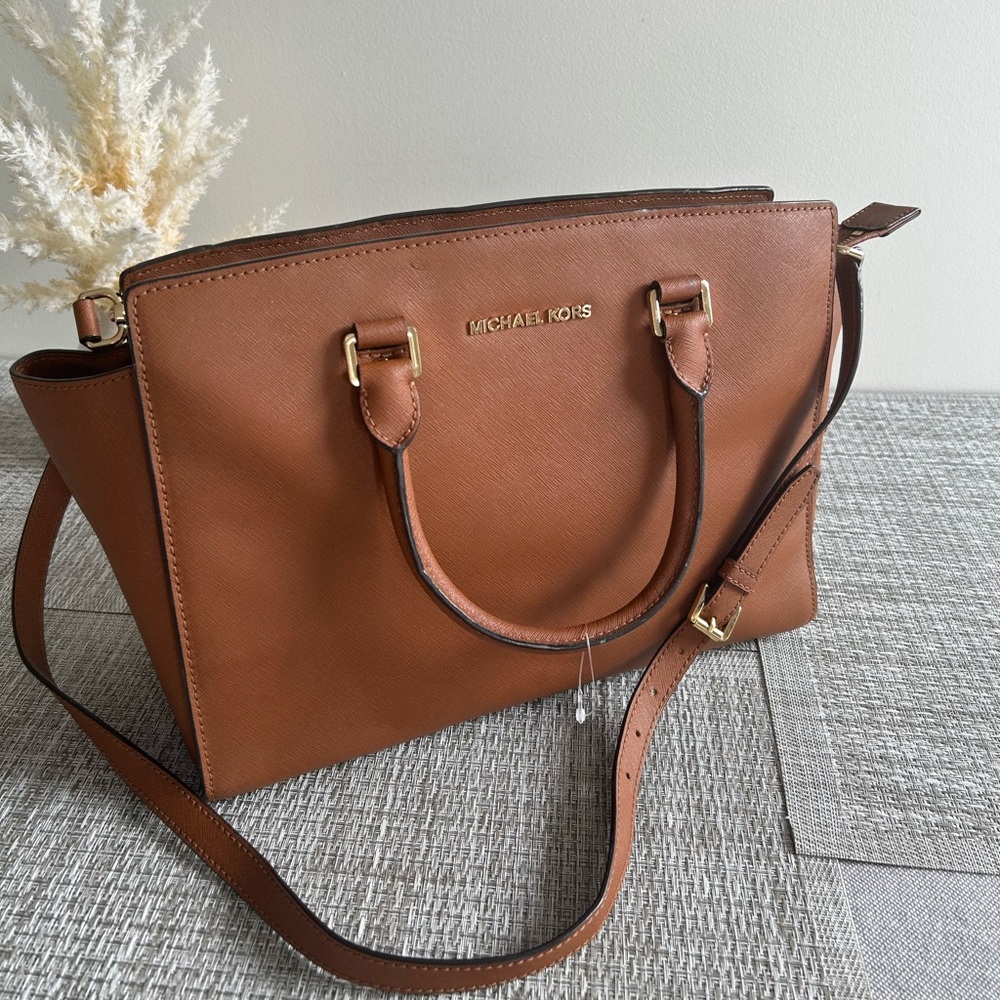 🌷MICHAEL KORS🌷Brown Saffiano Leather Satchel Crossbody Selma Medium Bag - Picture 10 of 13